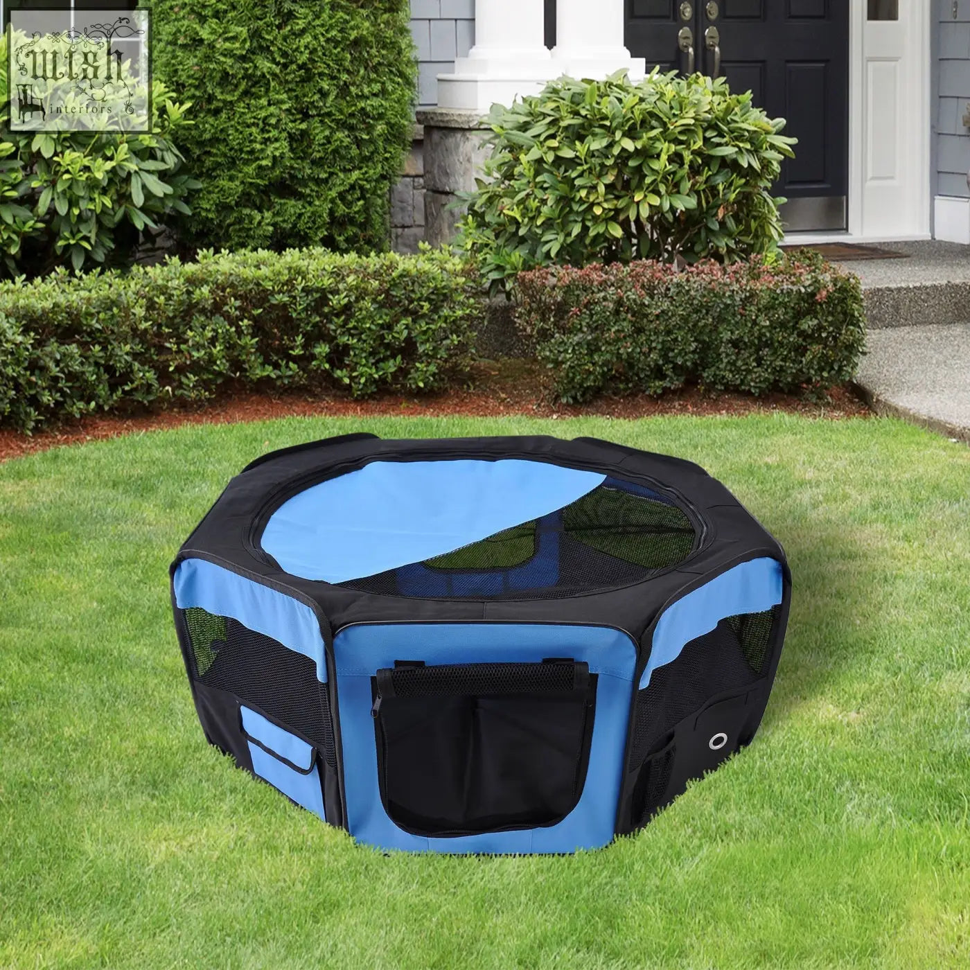 Blue and black hexagonal pet playpen with mesh sides and steel frame for indoor outdoor use with carrying bag