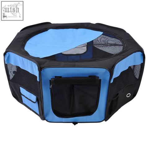 Blue and black octagonal pet playpen with steel frame mesh sides front pocket made from 600d oxford with carrying bag