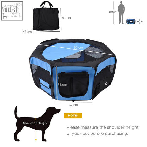 Blue and black hexagonal pet playpen with steel frame mesh sides front pocket and carrying bag for indoor outdoor use