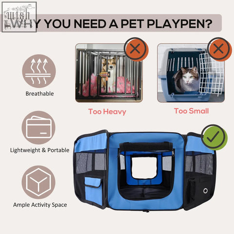 Blue and black foldable pawhut pet playpen with steel frame 600d oxford mesh sides and storage pockets for indoor outdoor use