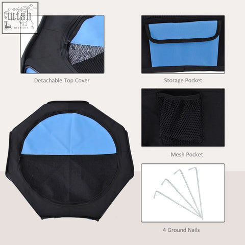 Black and blue octagonal pet bed with steel frame mesh sides 600d oxford fabric storage pockets and detachable top cover