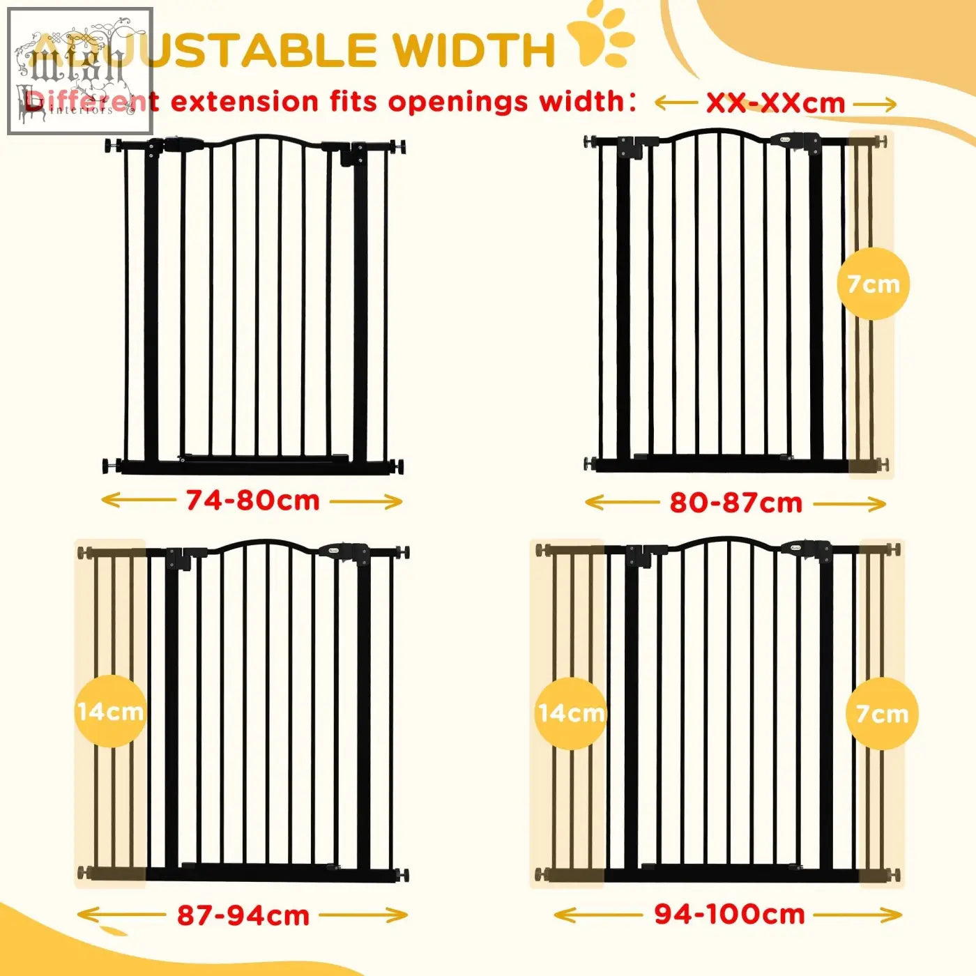 Black metal safety gate with adjustable width and double locking mechanism for doorways and hallways by pawhut