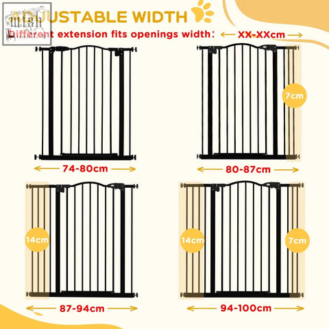 Black metal safety gate with adjustable width and double locking mechanism for doorways and hallways by pawhut