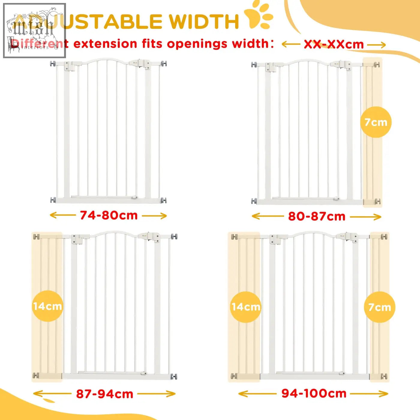 White adjustable height baby safety gate with vertical bars curved top and double locking mechanism by pawhut