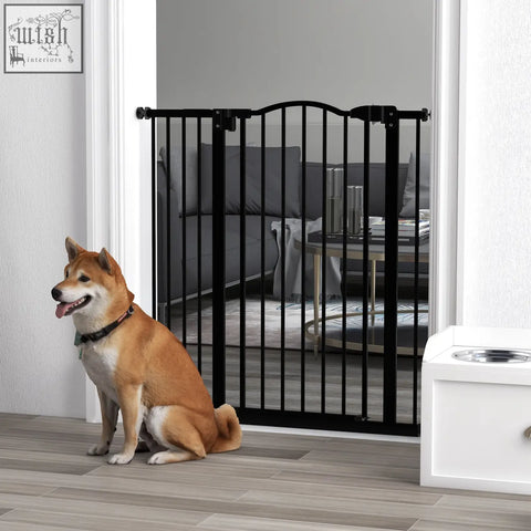 Black metal pawhut safety gate with arched top vertical bars double locking mechanism for doorways and hallways