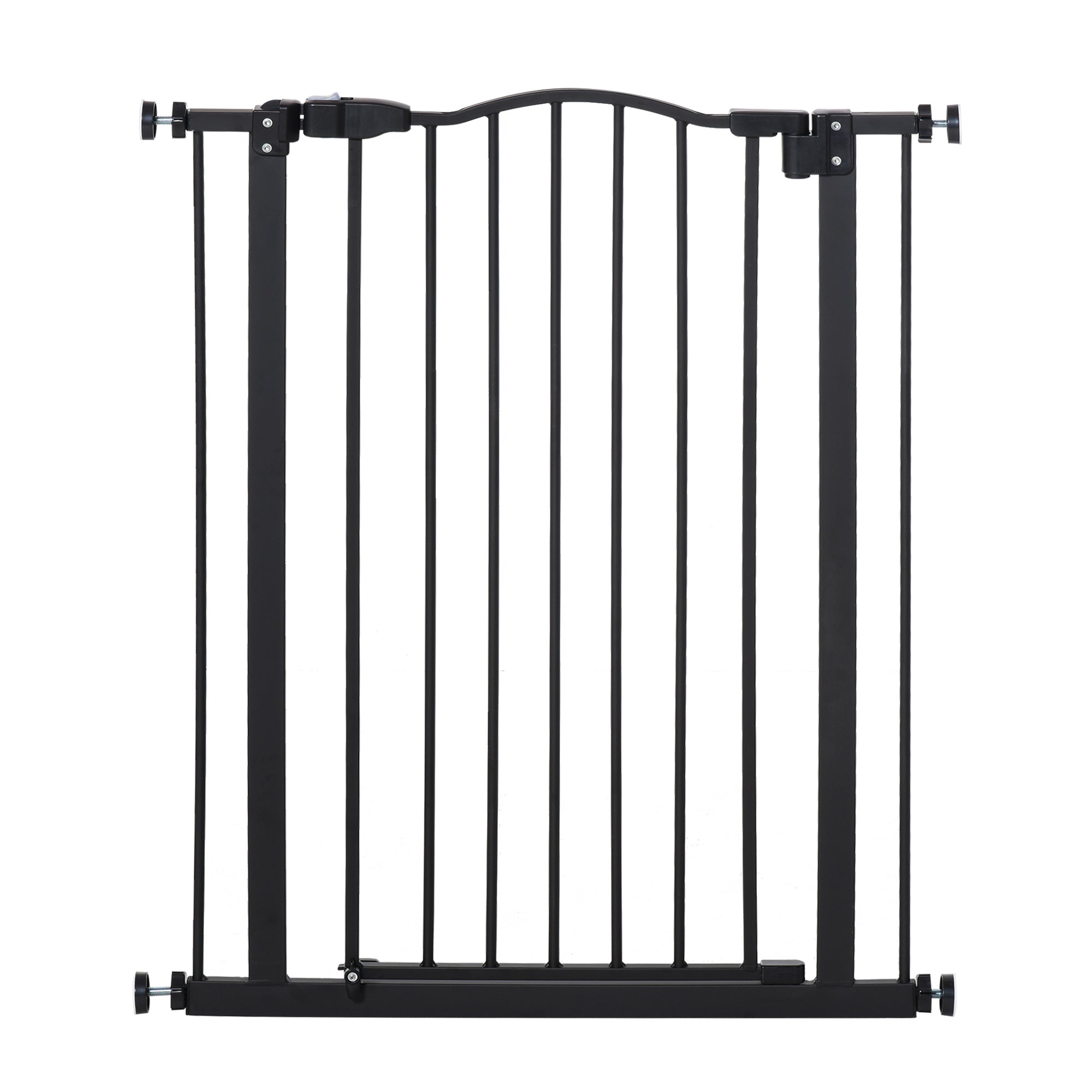 Black metal safety gate with vertical bars, adjustable wheels, and double locking for doorways and hallways