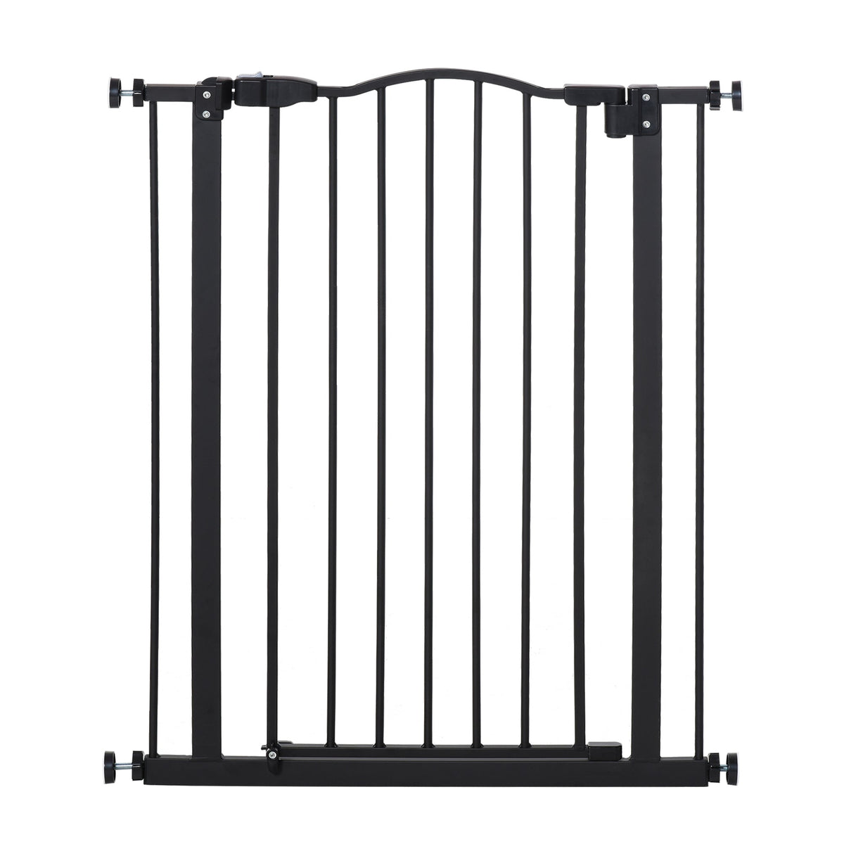 Black metal safety gate with vertical bars, adjustable wheels, and double locking for doorways and hallways