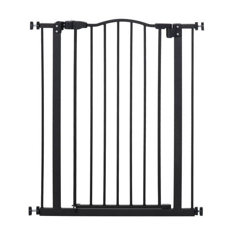 Black metal safety gate with vertical bars, adjustable wheels, and double locking for doorways and hallways