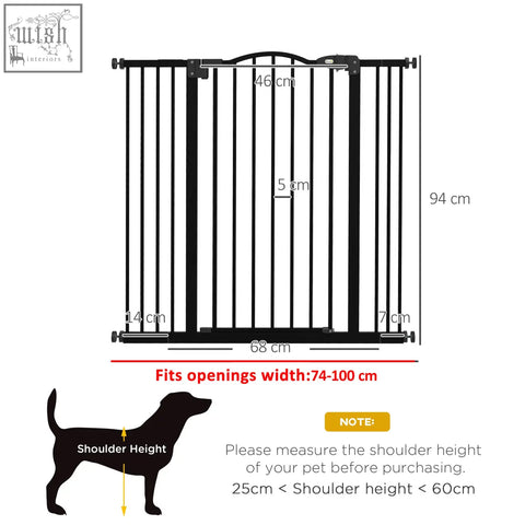 Black metal pawhut safety gate with vertical bars adjustable height markings and double locking mechanism