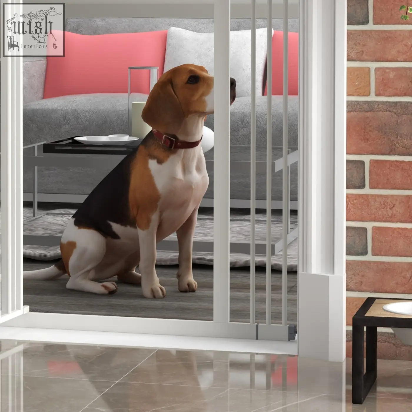 A sleek white metal pawhut safety gate with double locking mechanism stands open with a beagle sitting inside