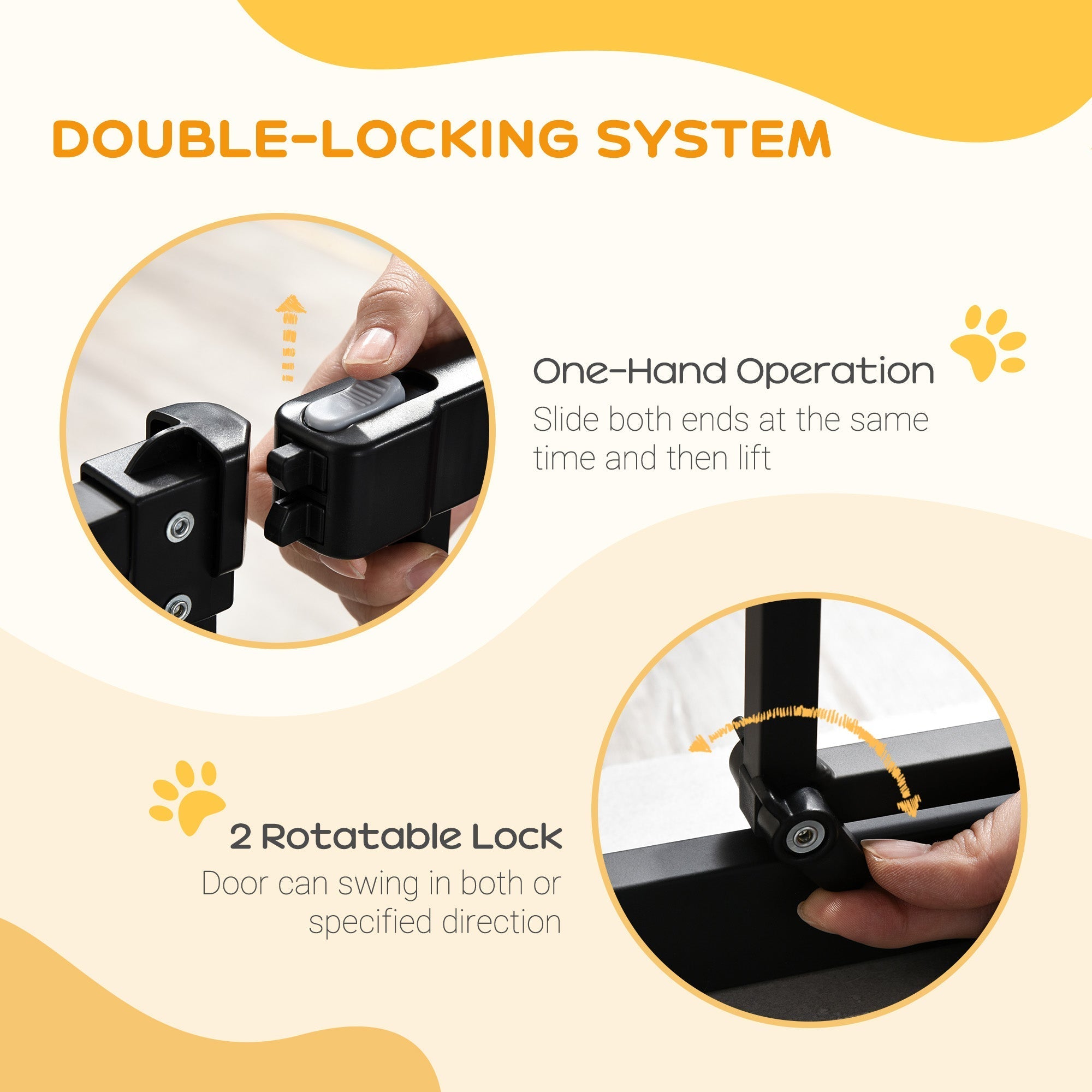 Black metal double locking system with one hand operation and two rotatable locks on pawhut safety gate