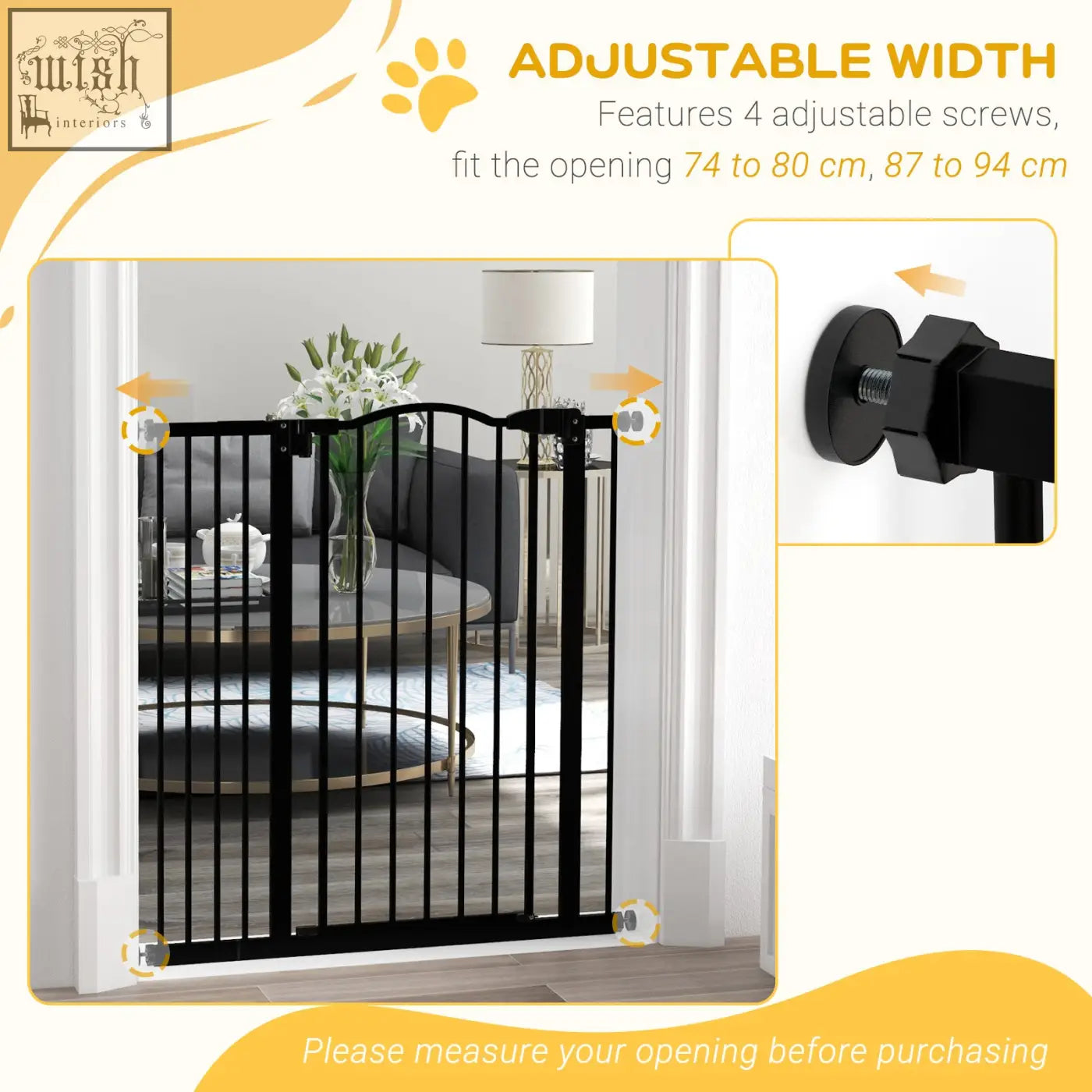 Black metal safety gate with adjustable width 74 to 94 cm and double locking mechanism for doorways and hallways