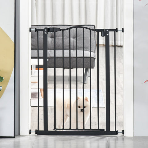 Black metal safety gate with vertical bars curved top and double locking for doorways and hallways pawhut