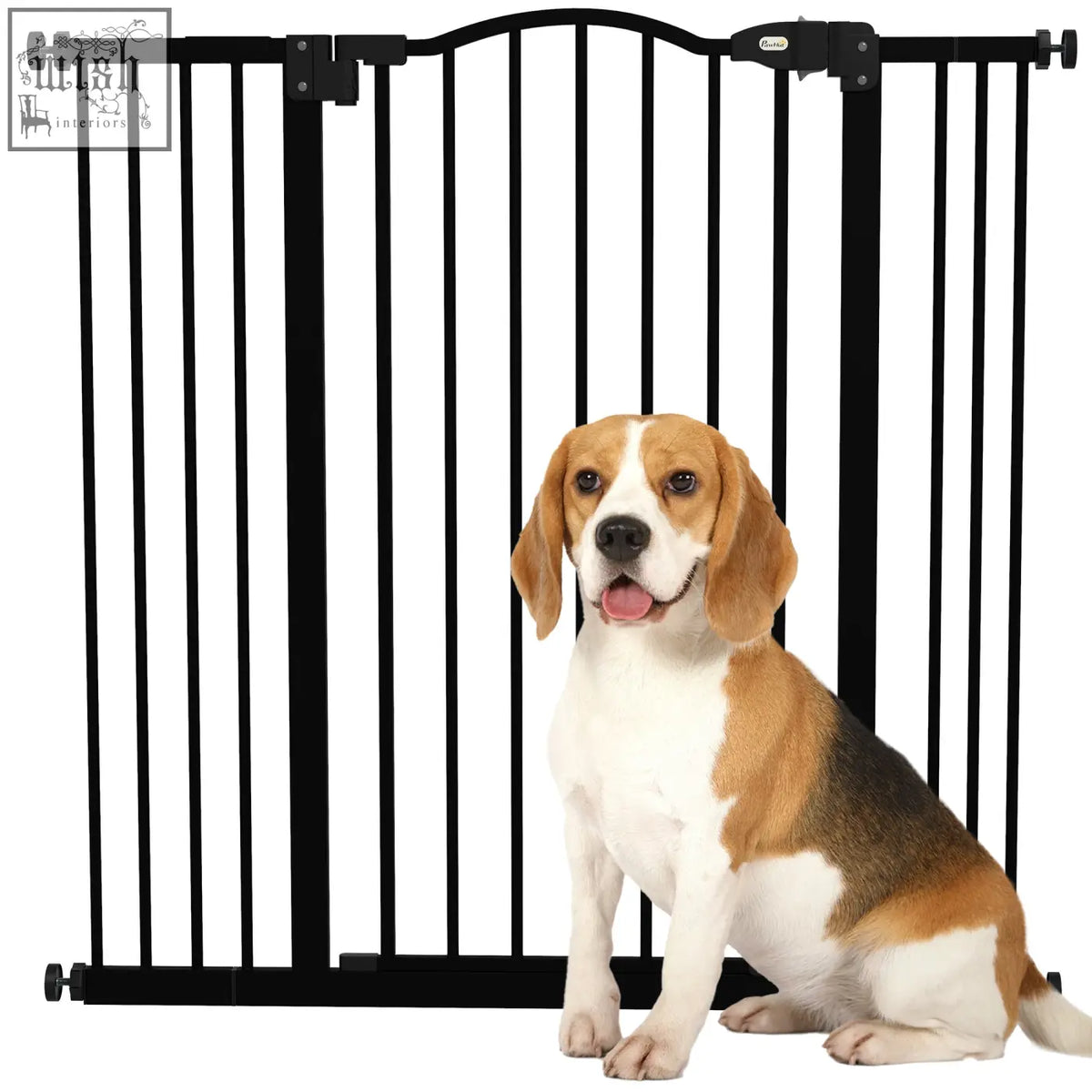Black metal pet safety gate with vertical bars arched top double locking mechanism for doorways and hallways