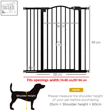 Black metal safety gate with vertical bars and curved top features double locking mechanism for easy use