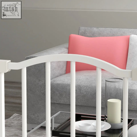 White arched metal safety gate with vertical bars pawhut pressure fit double locking for doorways and hallways