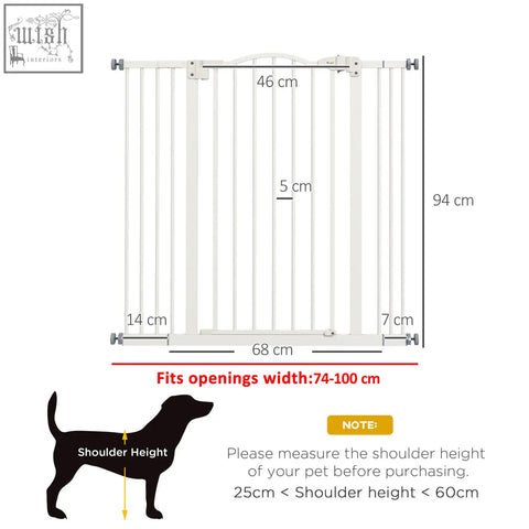 White metal safety gate with vertical bars and double locking mechanism fits 74-100cm openings for doors and hallways