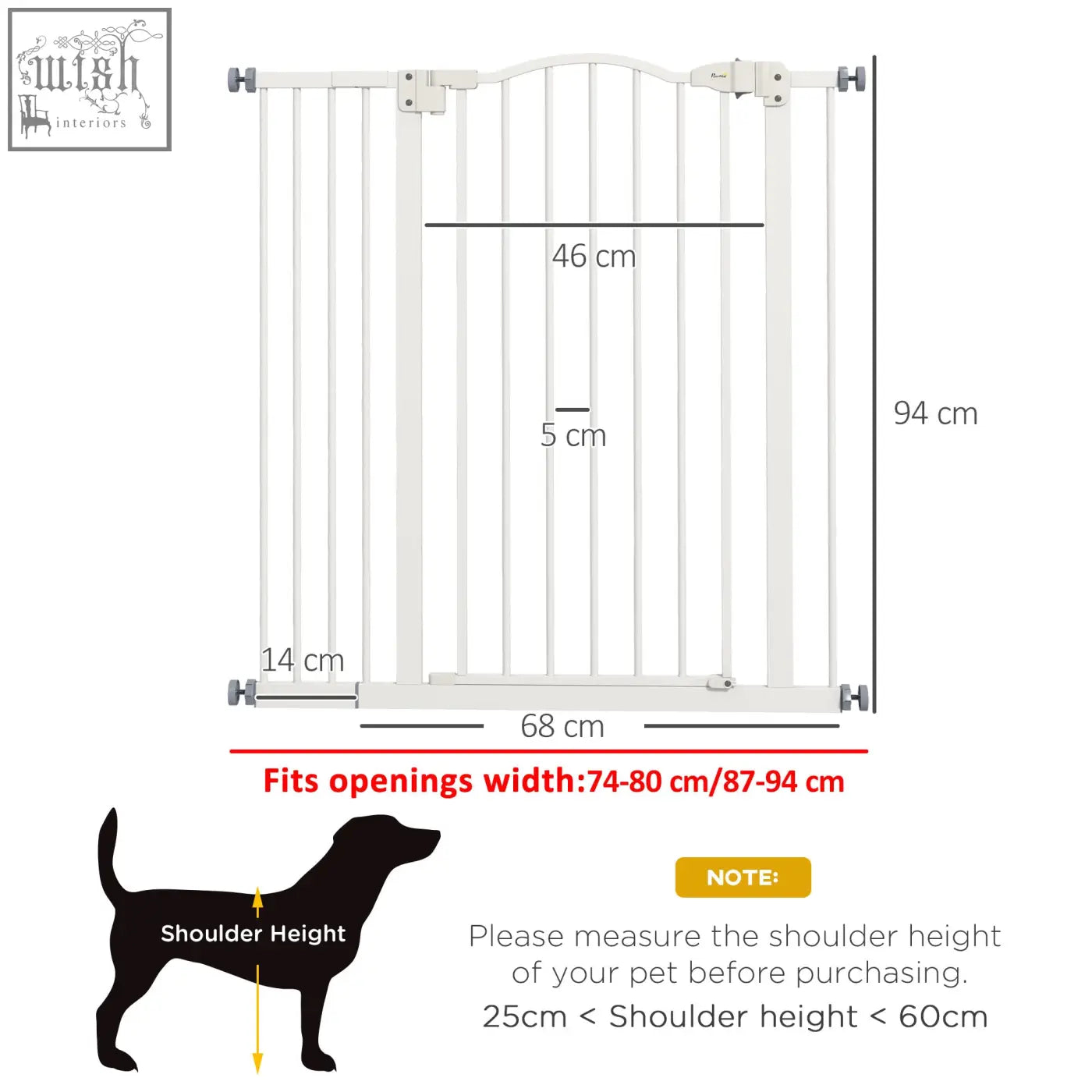 White metal pawhut safety gate with vertical bars, curved top, double locking mechanism, adjustable for doorways