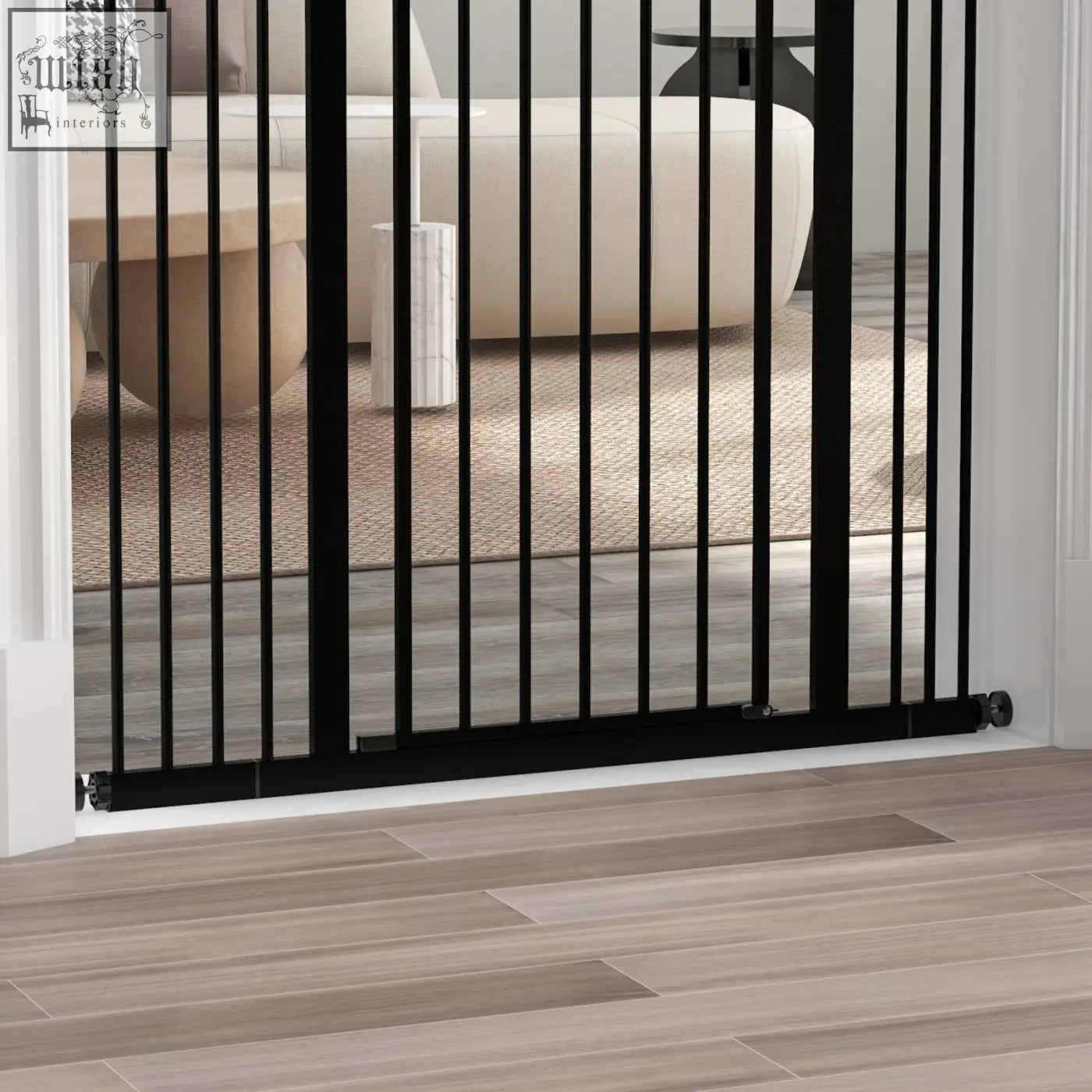 Black metal baby gate with vertical bars and sleek design featuring double locking mechanism for safety gate use