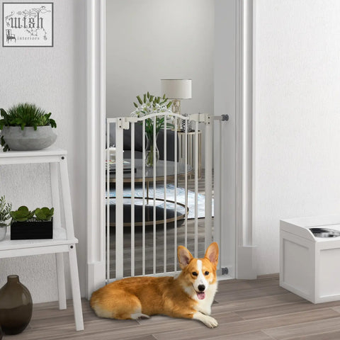 White metal pawhut pressure fit safety gate with arched top vertical bars double locking for doorways