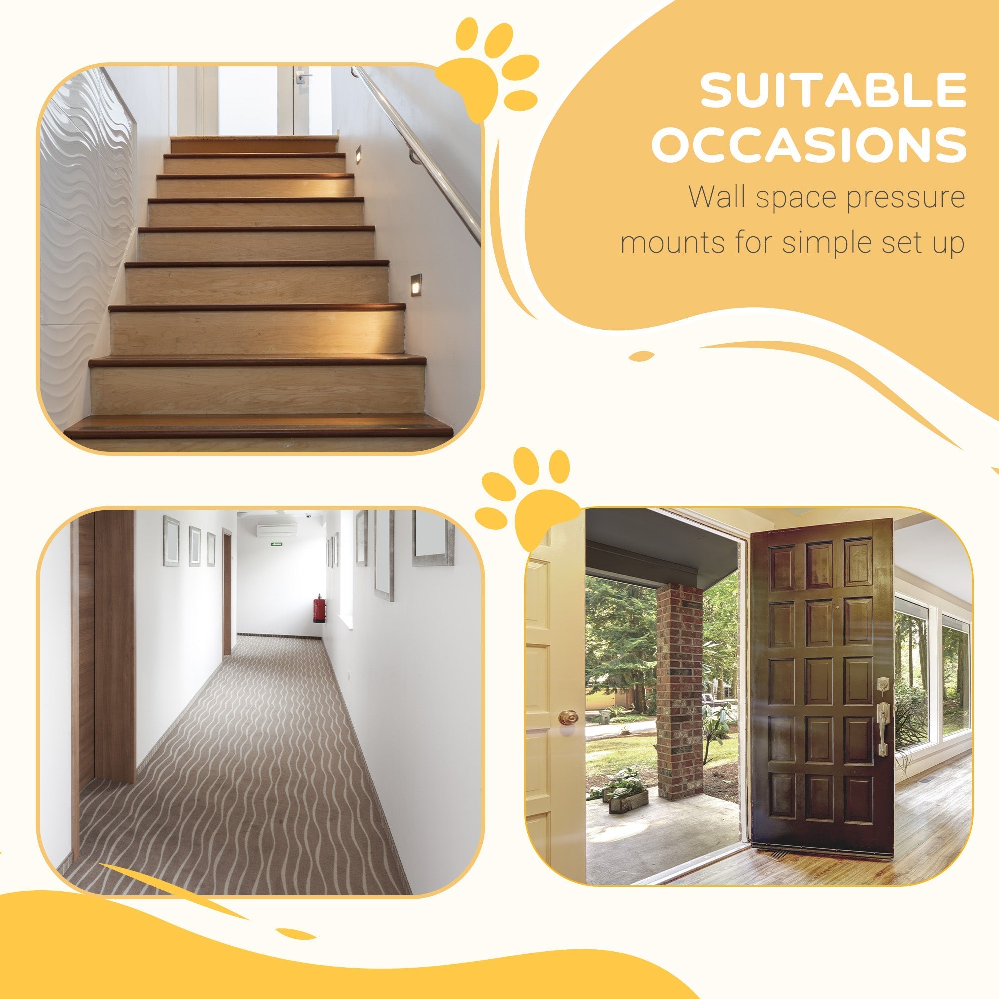 Dark brown wooden door with metallic handle and keyhole shown with pawhut black pressure fit safety gate with double locking