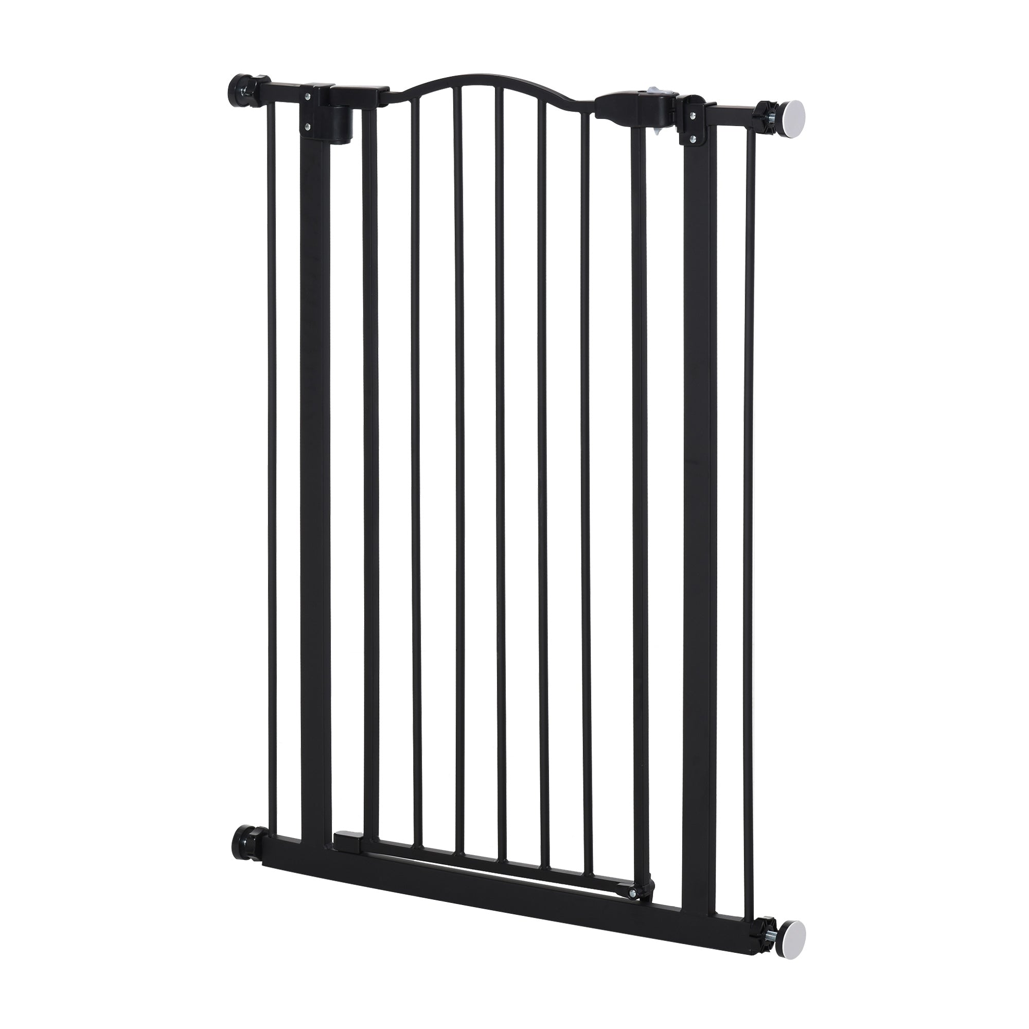 Black metal safety gate with vertical bars and adjustable ends featuring double locking for doorways and hallways