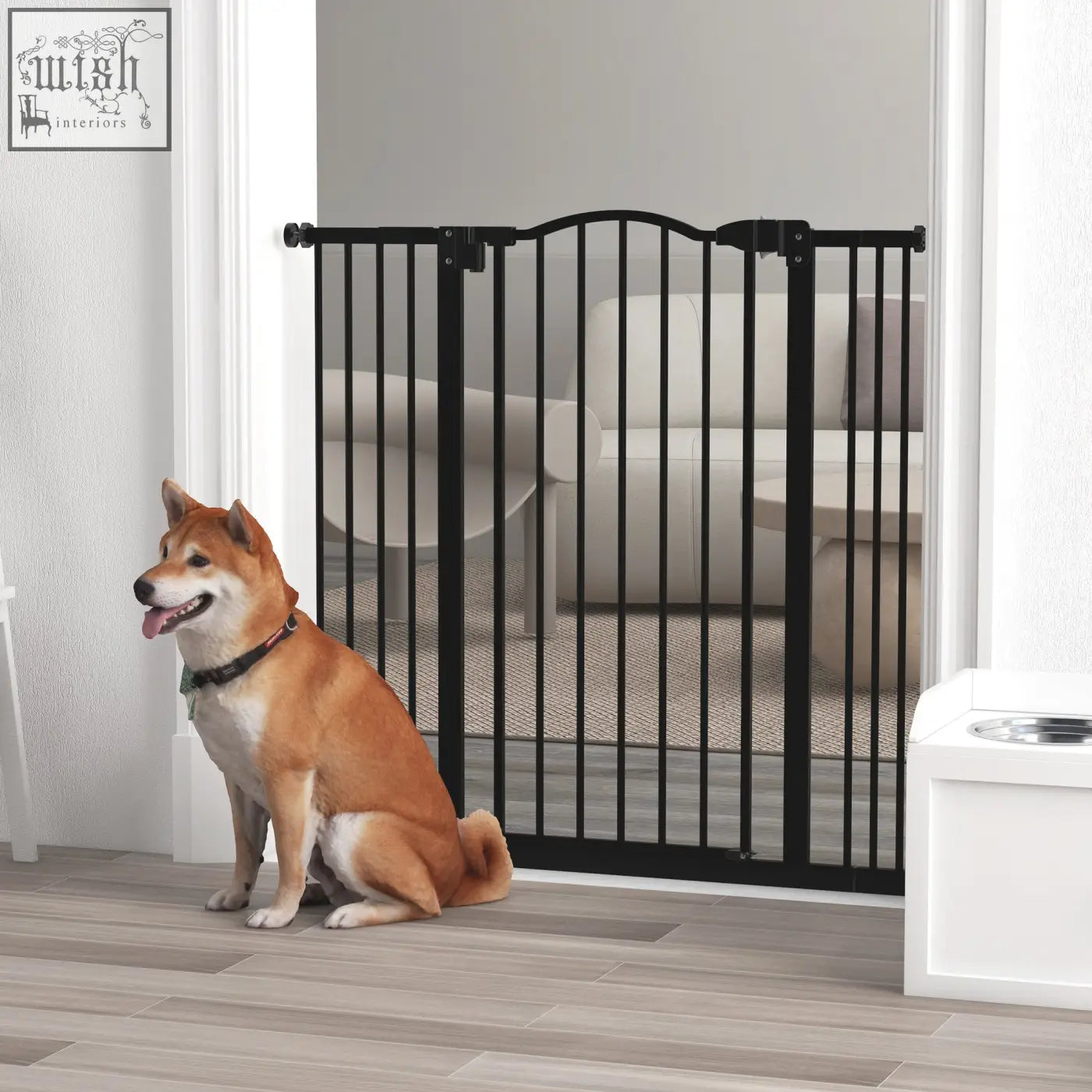 Black metal pet safety gate with arched top and double locking mechanism for doorways and hallways by pawhut