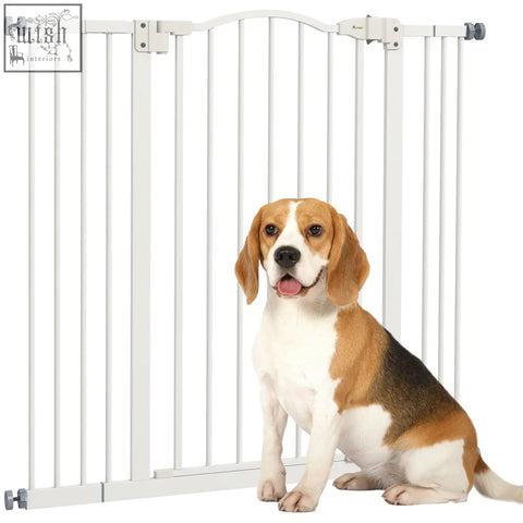 White metal safety gate with arched top and double locking mechanism for doorways and hallways by pawhut