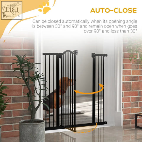 Black metal auto-close safety gate with vertical bars and double locking mechanism by PawHut for doorways and hallways