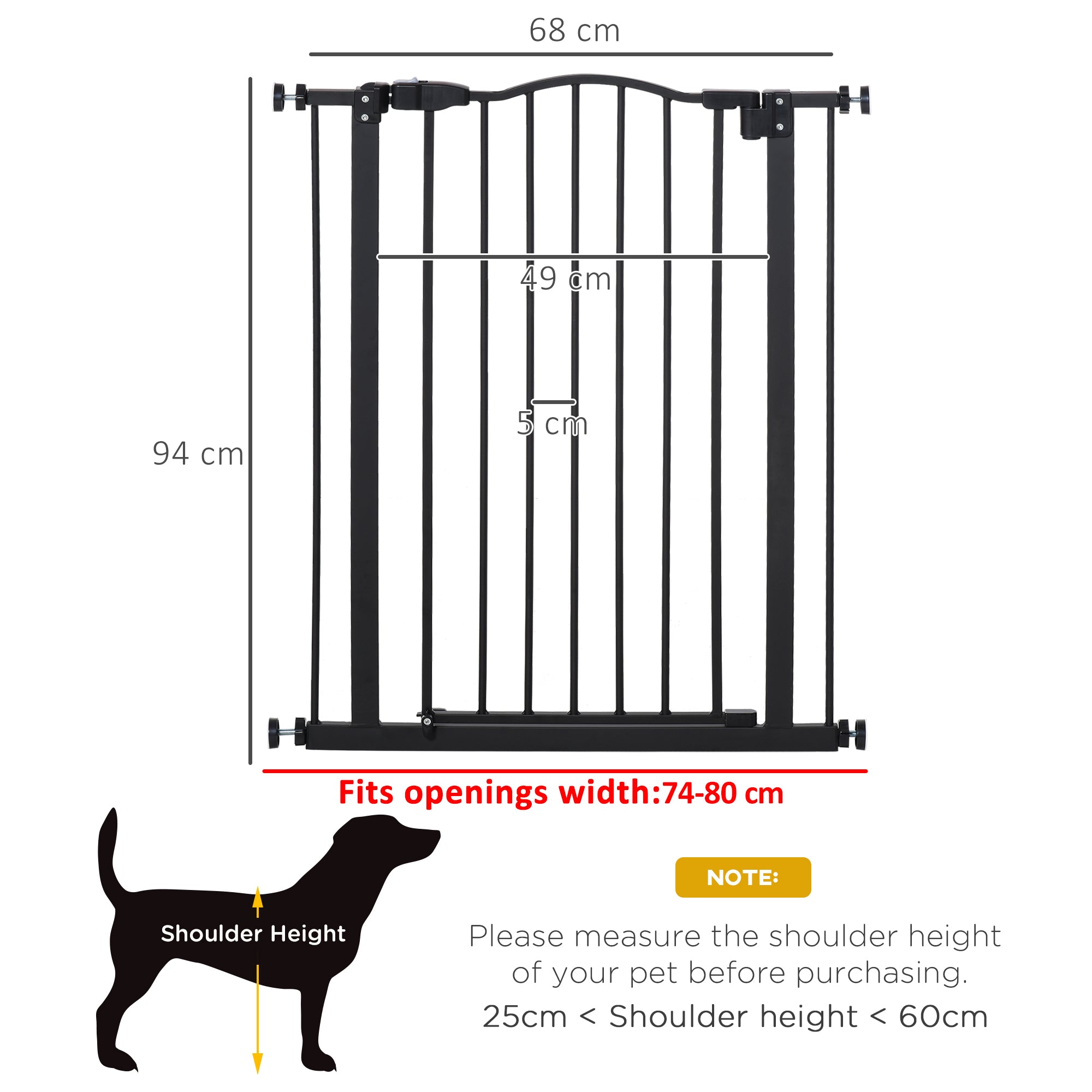 Black metal safety gate with arched top and vertical bars featuring double locking for secure pressure fit use