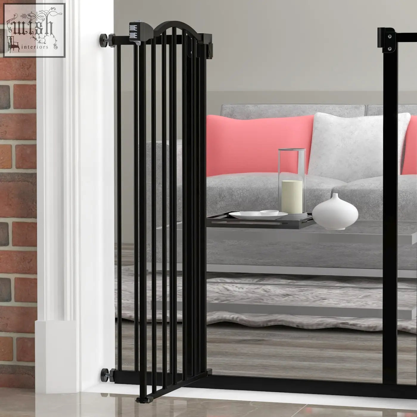 Black metal baby gate with arched top and double locking mechanism for safety gate by pawhut, adjustable 74-94cm tall