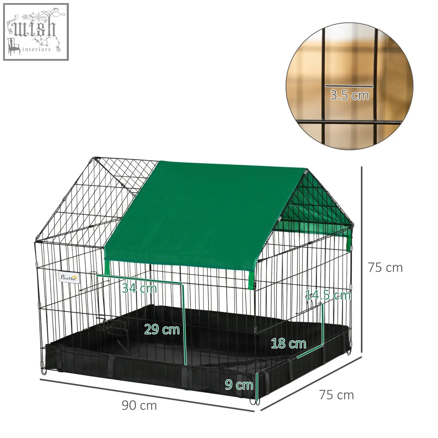 Black wire animal cage with green oxford fabric roof and house shape measures 90l x 75wcm for small pets