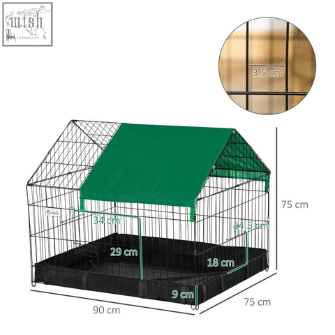 Black wire animal cage with green oxford fabric roof and house shape measures 90l x 75wcm for small pets