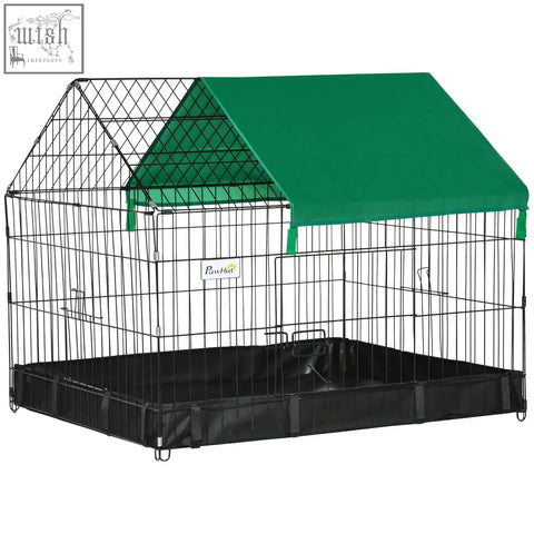 Black wire animal cage with green oxford fabric roof and black base 90l x 75wcm for small pets
