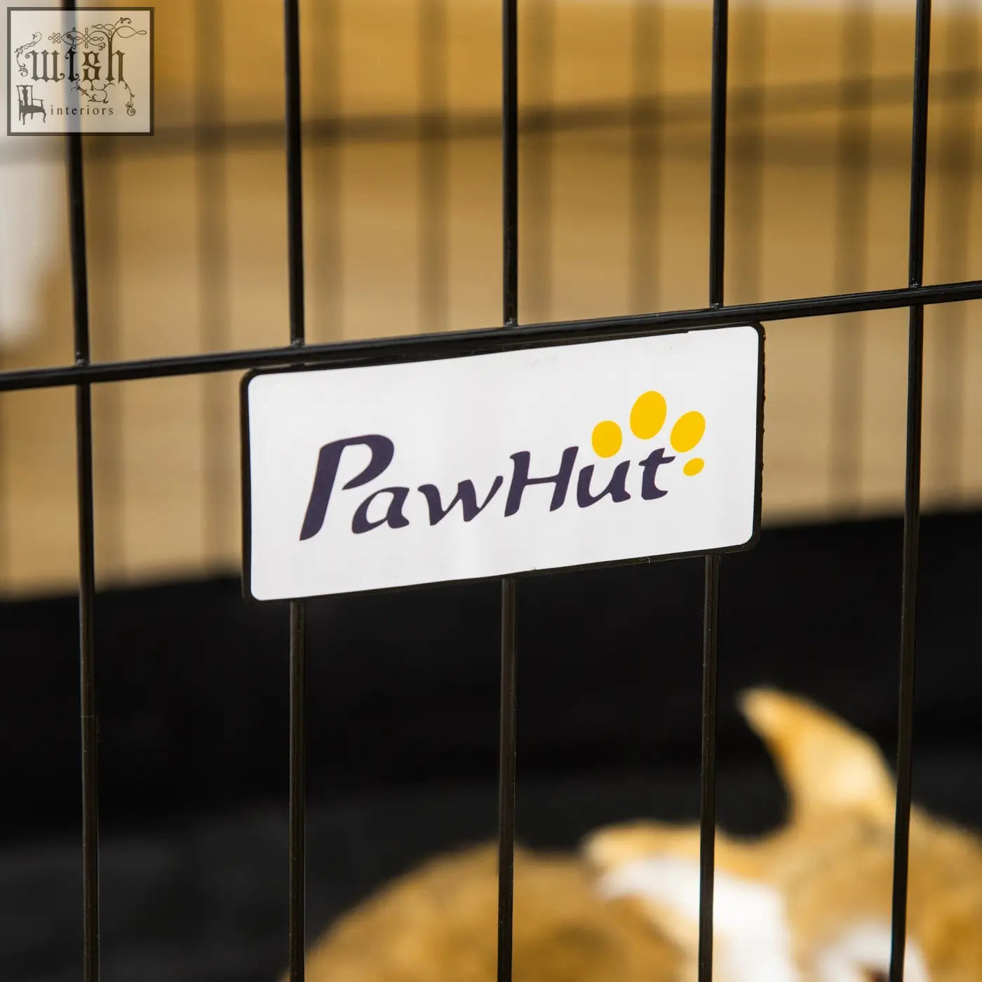 White rectangular pawhut label with black cursive lettering and yellow paw print on an oxford fabric animal cage 90l x 75wcm