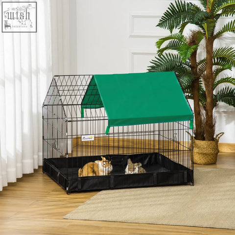Black wire animal cage with green oxford fabric roof and black floor mat 90l x 75wcm for small pets