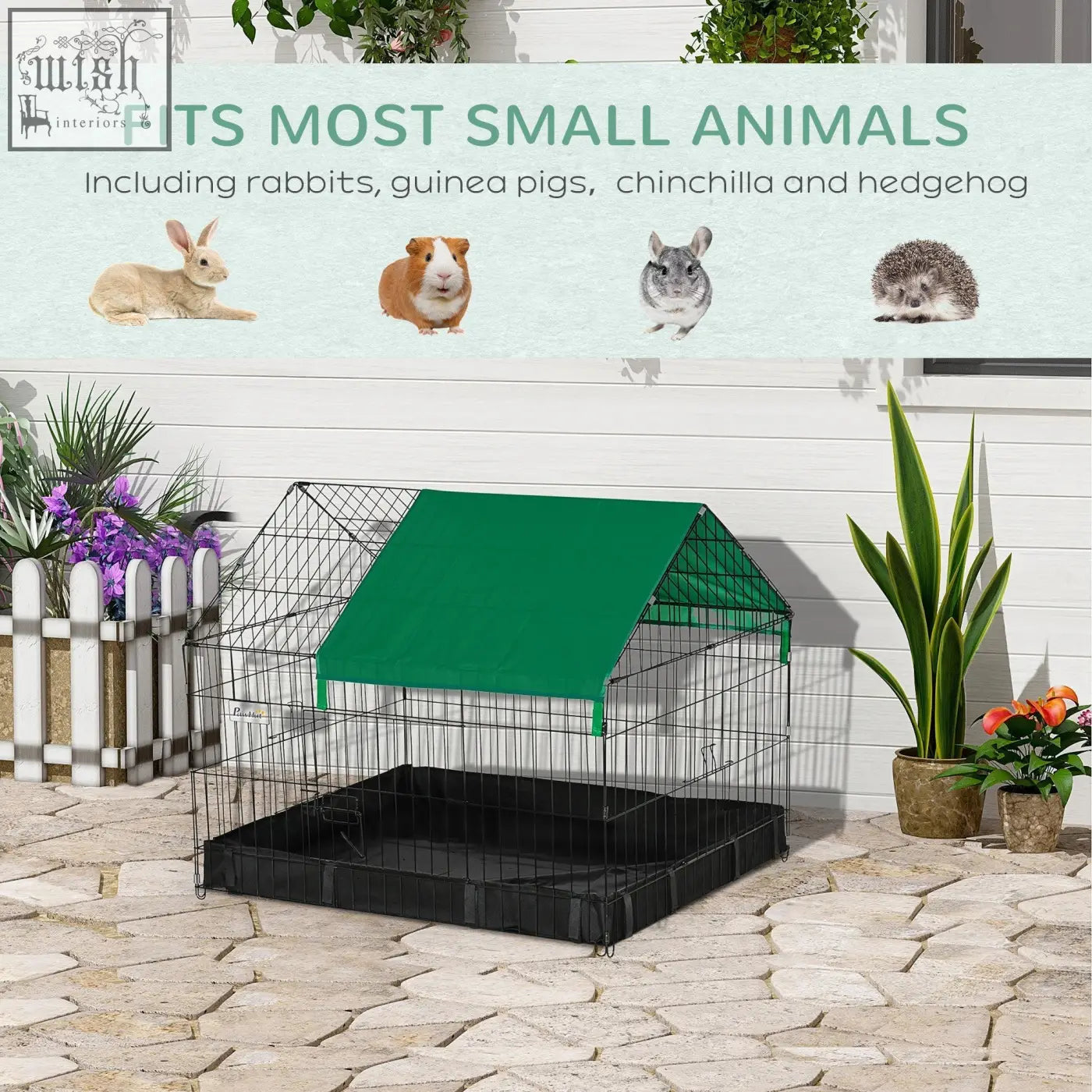 Black wire mesh animal cage with green oxford fabric roof and black base 90l x 75wcm for small pets