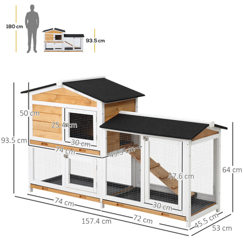 White and light wood two-level rabbit hutch with black roof and wire mesh panels featuring a run box living house