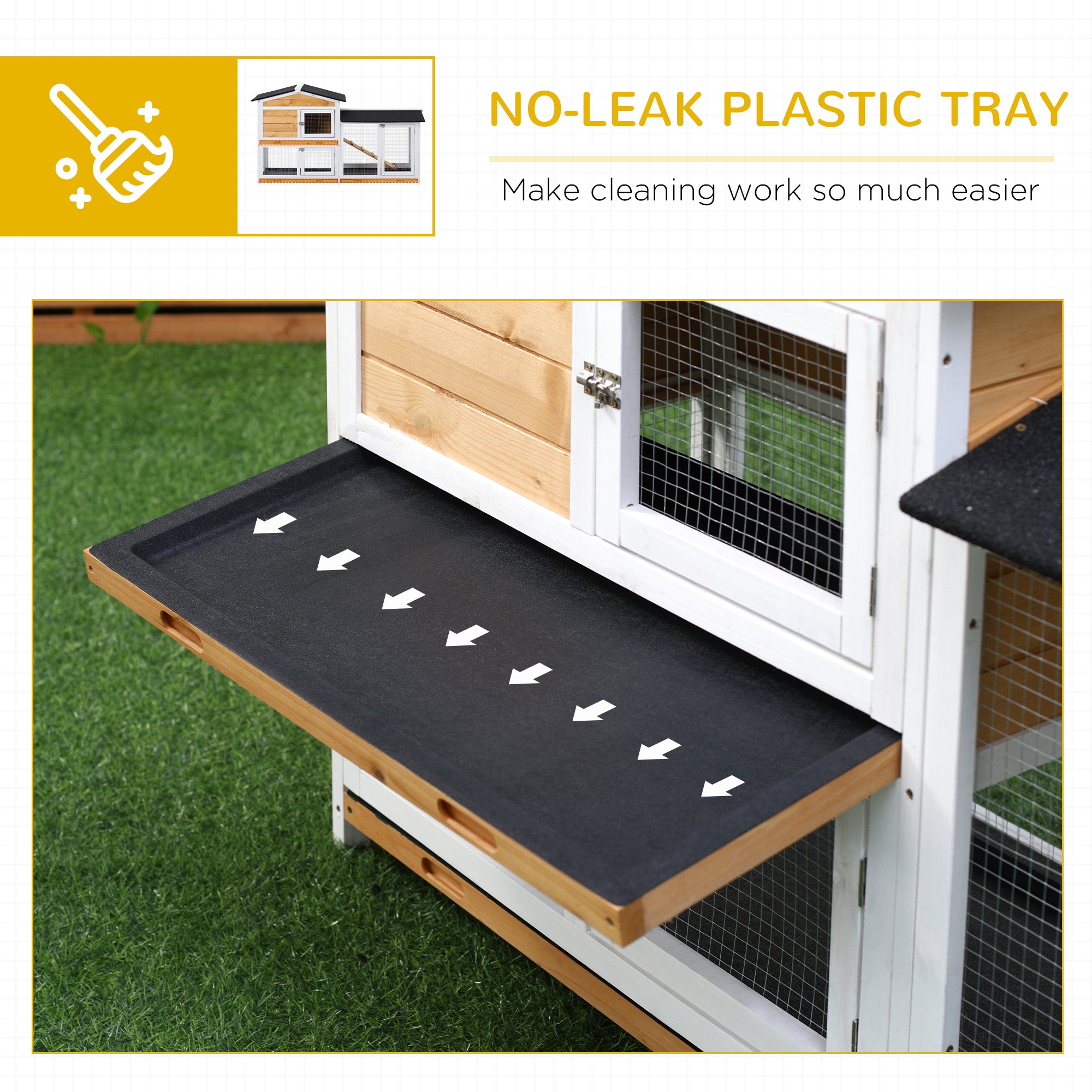 Black plastic tray with wooden edges for easy cleaning in pawhut rabbit hutch run box living house outdoors