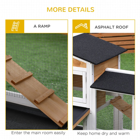 Wooden ramp with black asphalt roof on yellow pawhut rabbit hutch living house with run box and no-leak trays