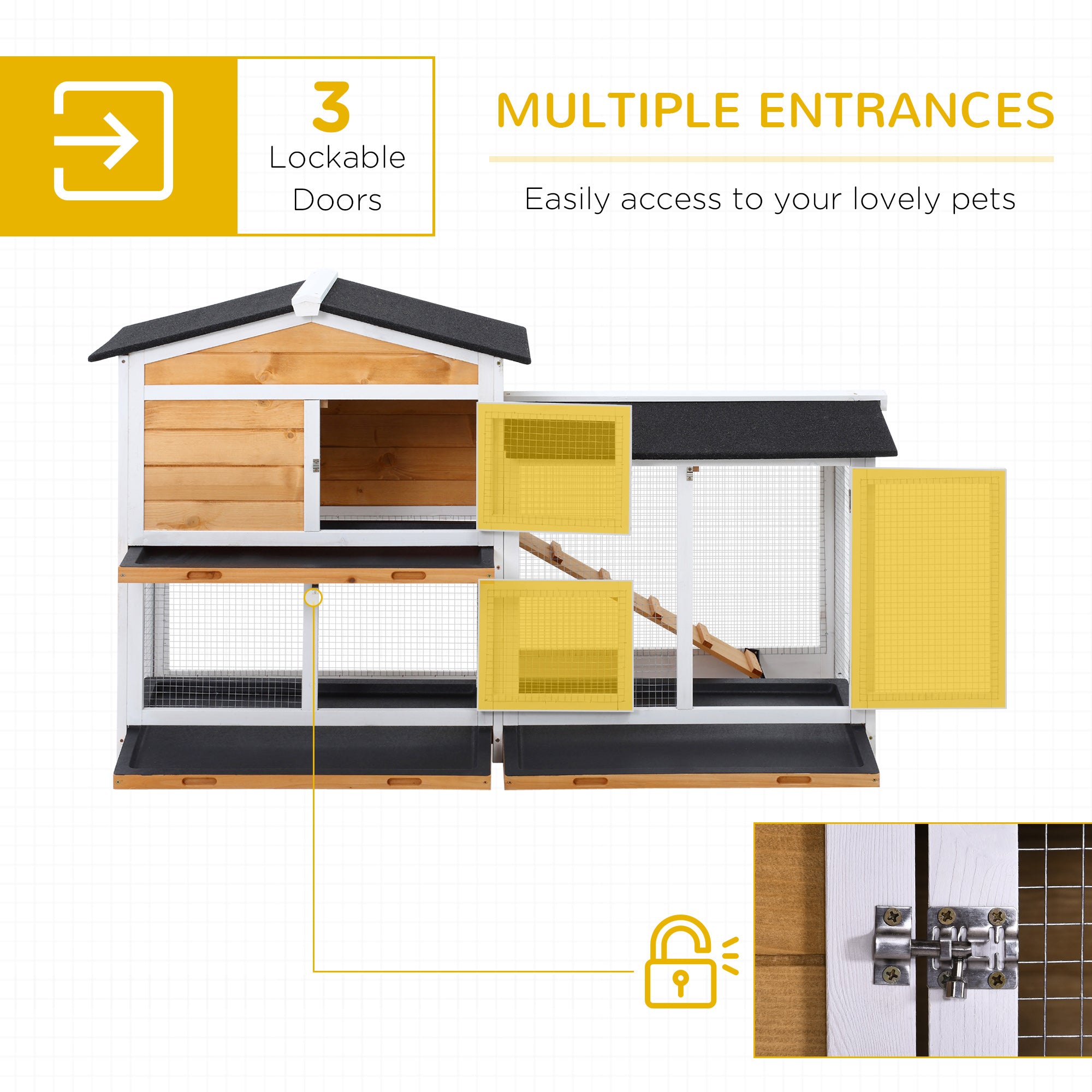 Two-tone wooden and wire yellow rabbit hutch with run box and three lockable doors for outdoor living house