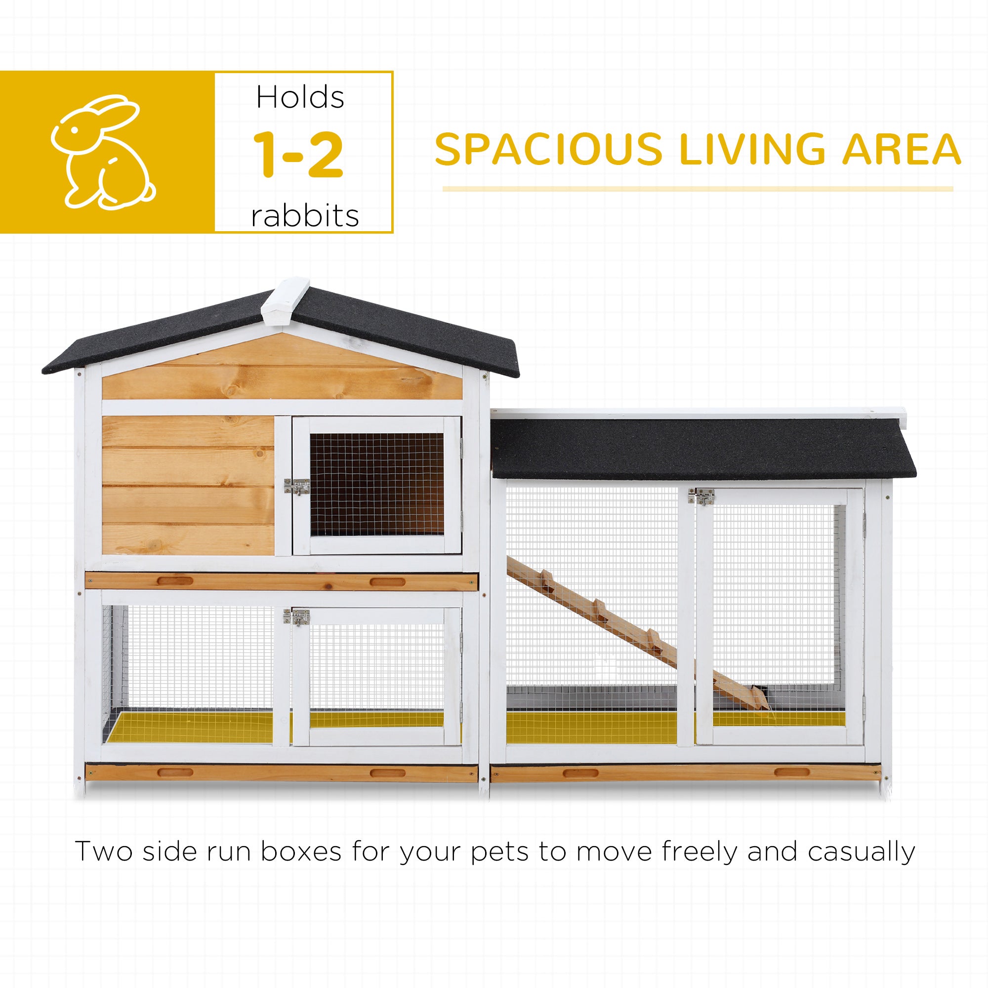 Yellow pawhut rabbit hutch living house with two levels, black roof, wire mesh doors, wooden ramp, and run box