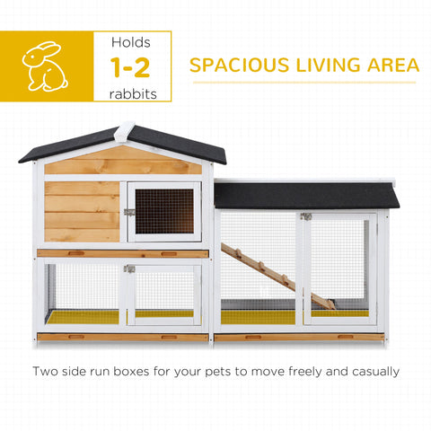 Yellow pawhut rabbit hutch living house with two levels, black roof, wire mesh doors, wooden ramp, and run box