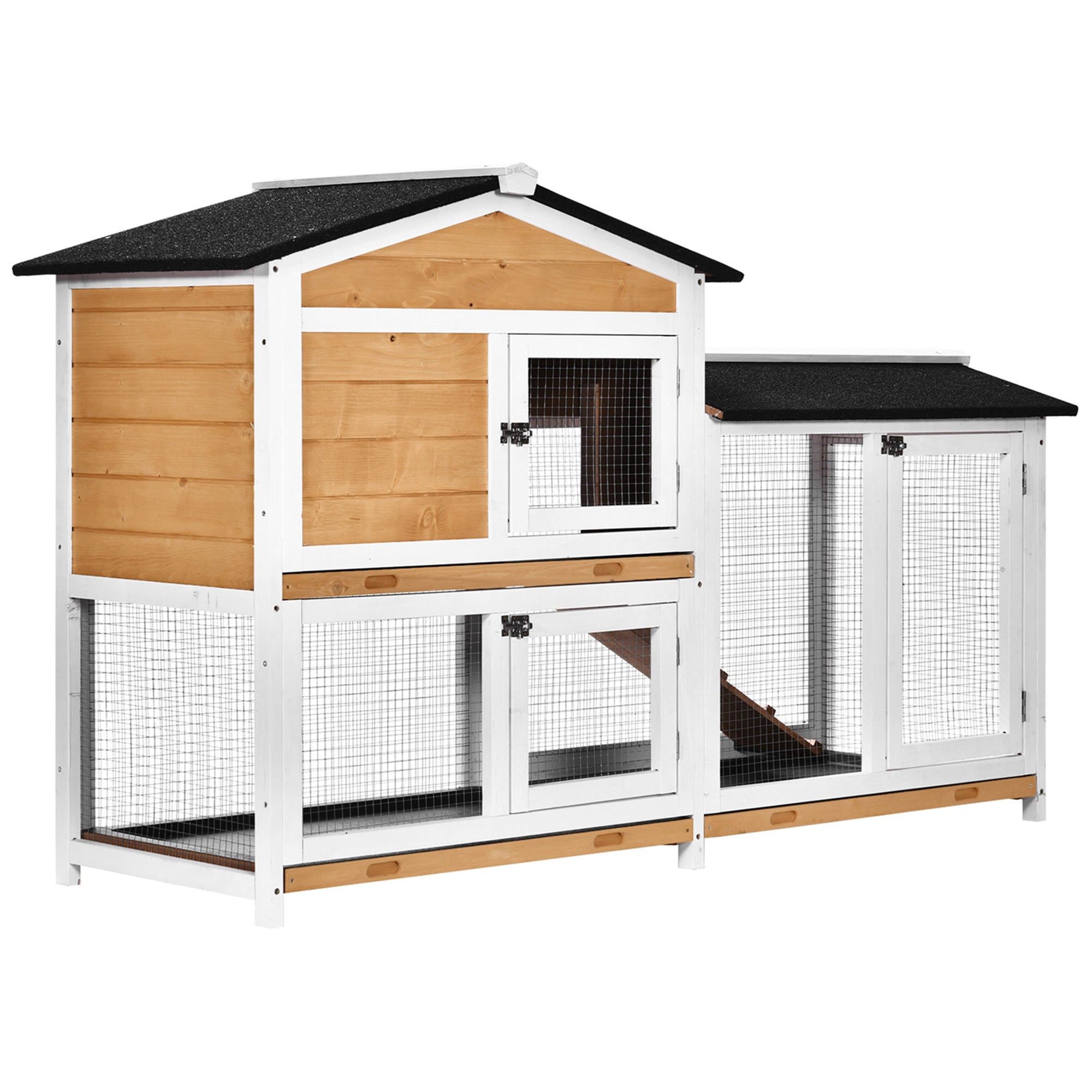 Two-tone wooden and white metal rabbit hutch with black roof and run box perfect as a living house for pets