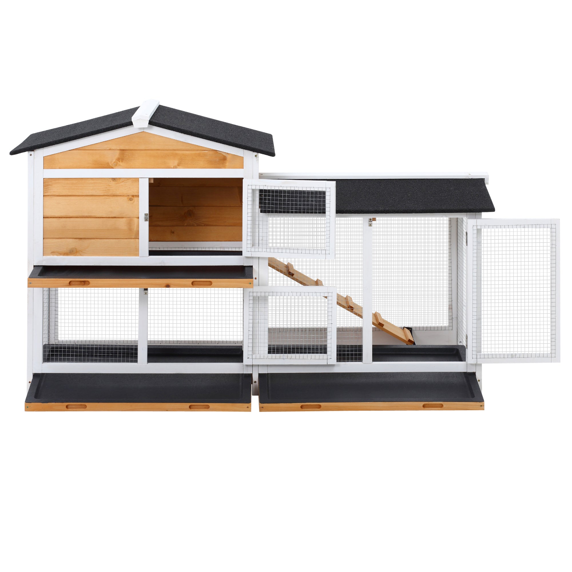 Two-tone wooden and wire pawhut rabbit hutch with black roof panels and run box living house in yellow
