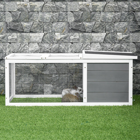 White and gray wooden rabbit hutch with sturdy wooden frame structure and wire mesh sides for guinea pig or small animals
