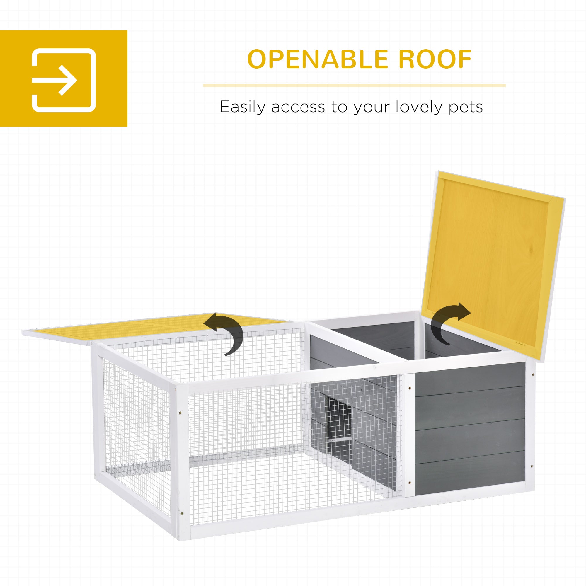 White and gray wooden pet cage with sturdy wooden frame and yellow openable roof for guinea pig indoor outdoor use