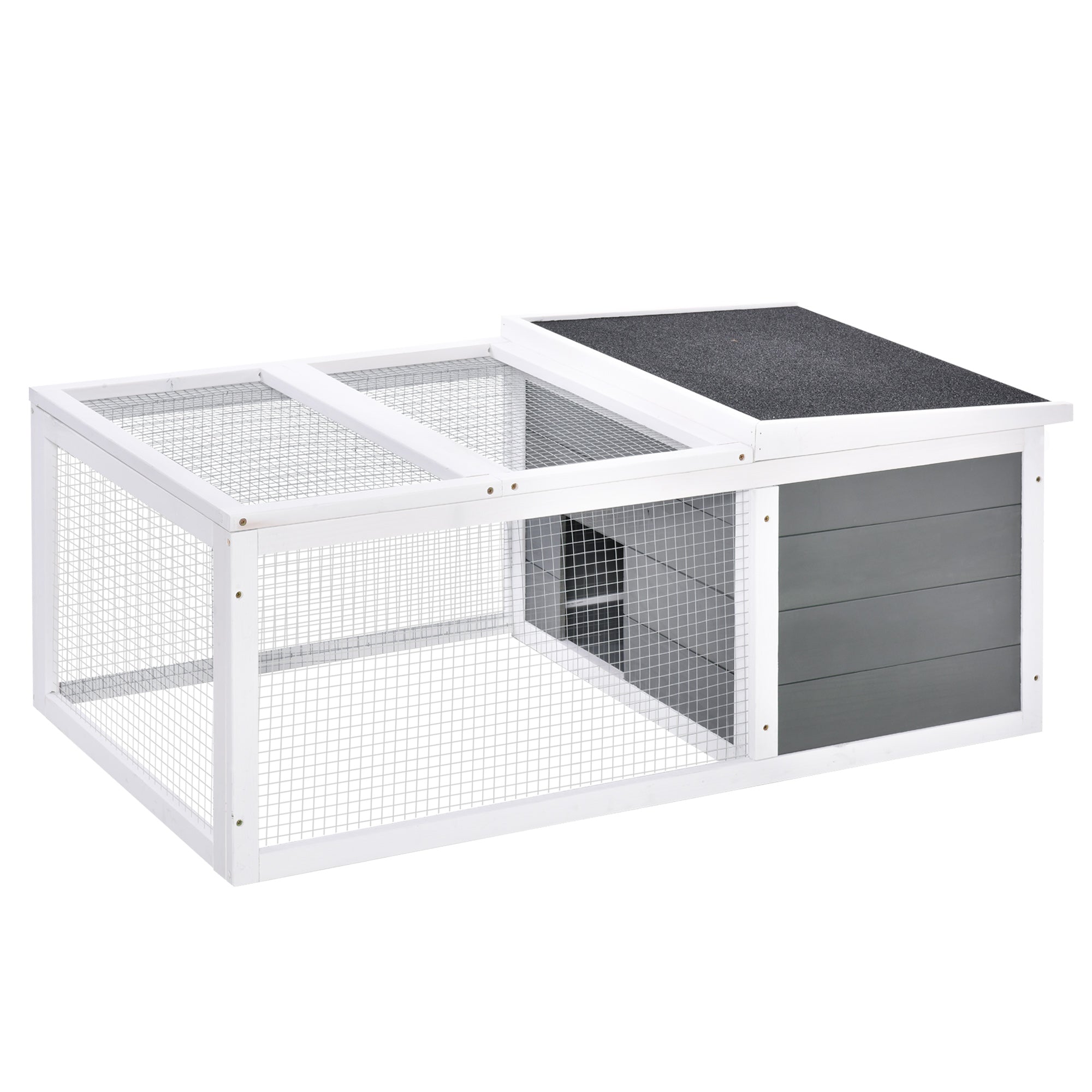 White and gray wire mesh rabbit hutch with black textured roof and sturdy wooden frame for guinea pig and small animals
