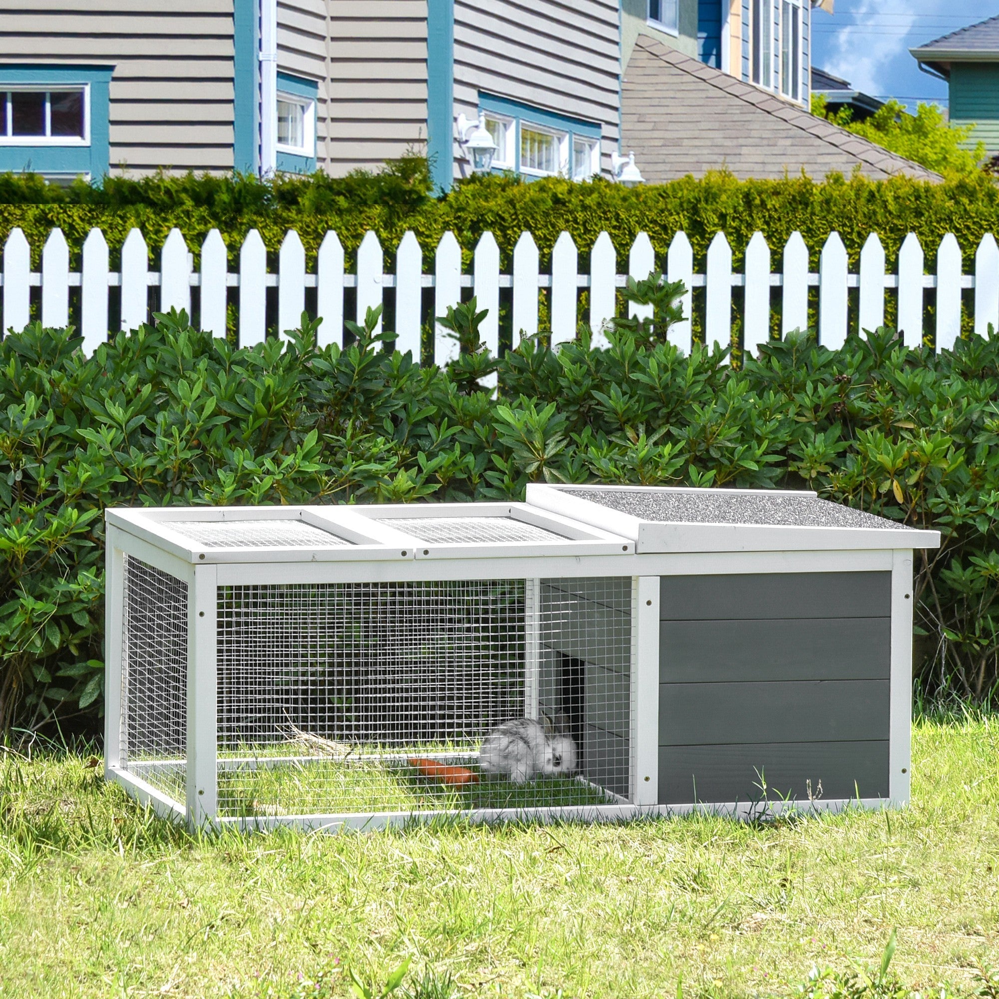 Gray and white pawhut rabbit hutch with sturdy wooden frame and wire mesh for indoor outdoor use with guinea pig run