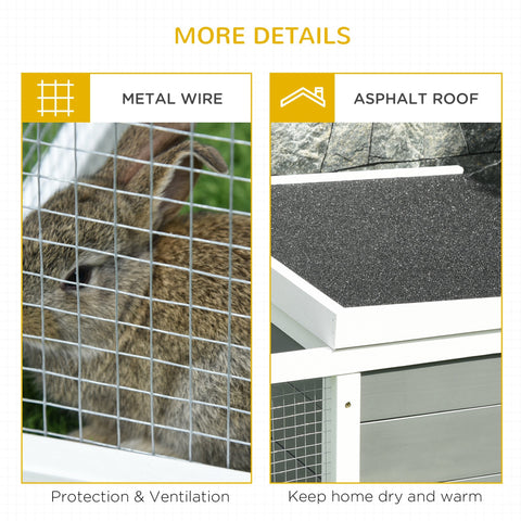 White and gray metal wire cage with asphalt roof and sturdy wooden frame structure for guinea pig and rabbit housing